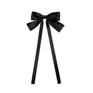 Elegant black satin ribbon bow hair clip with long streamers for women hair styling