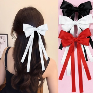 Elegant Satin Bow Hair Clip With Long Streamers Sweet Korean Ribbon Spring Clip Hair Accessory For Women Daily Party Decoration