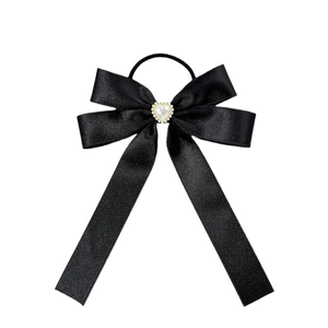 Elegant black satin bow hair tie with a heart pearl center and elastic band for women