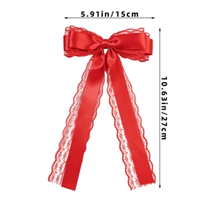 Detailed dimensions of red satin lace bow hair clip measuring fifteen by twenty-seven cm