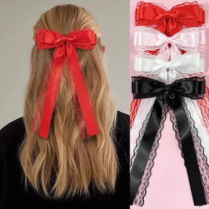 Sweet Lace Satin Bow Hair Clip With Long Streamers Handmade Lolita Floral Hair Accessories Duckbill Clip For Women Daily Party