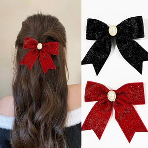 Barrette Nœud Papillon en Velours Avec Fausse Künstliche Perle Strass Paillettes Elégante Pince Croco pour Femme Fille Noël Cadeau