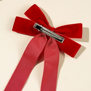 Red velvet bow hair clip with long ribbons and metal duckbill clip for women hair styling