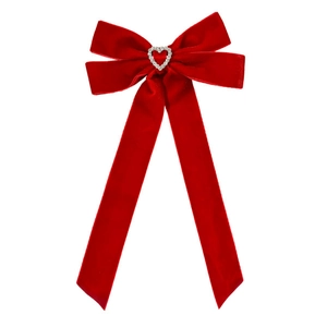 Elegant red velvet bow hair clip with a sparkling crystal heart and long hanging ribbons