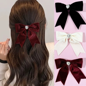 Elegant Velvet Bow Hair Clip Rhinestone Heart Pendant Hairpin Vintage Bowknot Duckbill Clip For Women Hair Accessories
