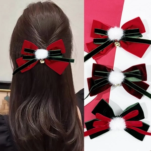 Christmas Velvet Bow Hair Clip With Pom Pom And Bell Vintage Red Green Bowknot Duckbill Clip For Women Festive Hair Accessories