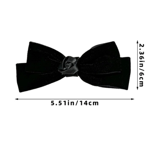 Detail showing dimensions of the black velvet bow hair clip with a handmade rose