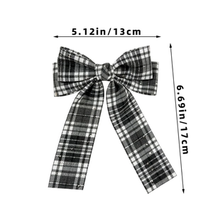 Classic black and white plaid bow hair clip with ribbons, 13cm width size display