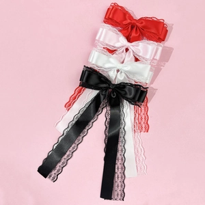Elegant lace bow hair clips in red, pink, white and black colors with long satin ribbons