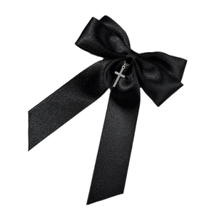 Barrette à cheveux nœud en satin noir avec pendentif croix en métal de style gothique lolita