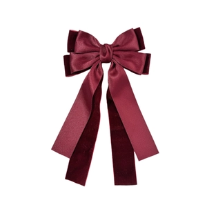 Elegant burgundy velvet and satin double layered bow hair clip with long ribbons