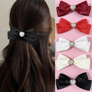 Süße Satin Schleife Herz Künstliche Perle Haarspange Elegante Strass Band Entenschnabelklemme Mode Haarschmuck Für Damen