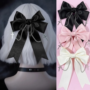 Gothic Satin Ribbon Bow Hair Clip With Metal Chain Cross Pendant Dark Punk Alligator Clip Hair Accessory For Women Girls
