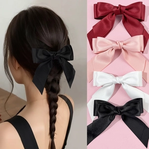 Pince à Cheveux Élégante à Grand Nœud en Satin pour Femmes Couleur Unie Ruban Double Couche Épingle à Cheveux avec Longs Rubans Accessoire de Coiffure
