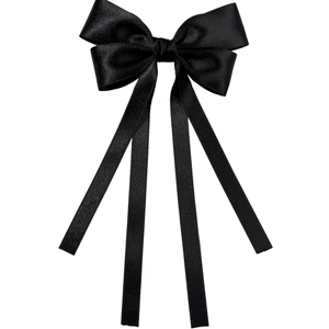 Elegant black satin bow hair clip with long silk ribbons for women's hairstyle