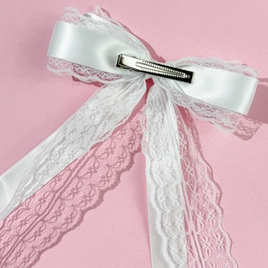 Elegant white lace bow hair clip with satin ribbon and metal duckbill clip for women