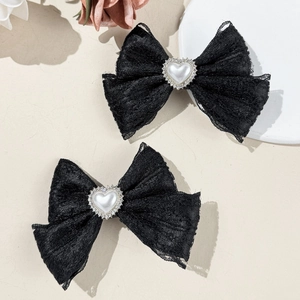 Détails de barrettes à cheveux en dentelle noire avec perle en cœur et strass brillants