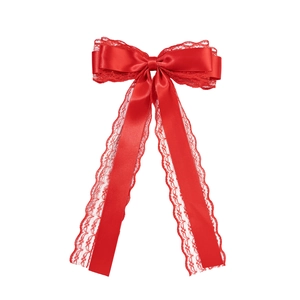 Elegant red satin bow hair clip with lace trim and long ribbons on white background