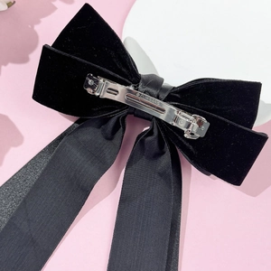 Pince à cheveux élégante en velours noir style vintage avec nœud papillon et longs rubans