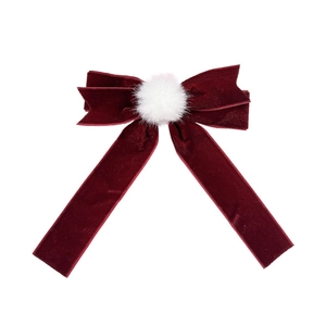 Elegante fermaglio per capelli in velluto bordeaux con pompon bianco per donna