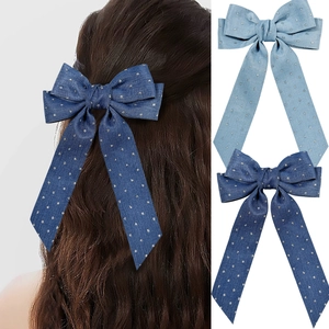 Pince à Cheveux Grand Nœud en Tissu Denim à Pois Argentés Brillants Avec Long Ruban Pince Bec de Canard pour Femme Mode