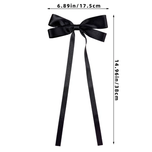 Detailed dimensions of the black satin bow hair clip with long ribbons 17.5x38cm