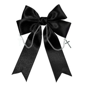 Gothic black satin bow hair clip with silver chains and metallic cross pendants