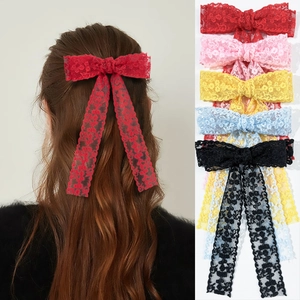 Fermaglio per Capelli con Fiocco in Pizzo e Nastro Lungo Dolce Ricamo Floreale Forcina Copricapo Elegante Donna Ragazze Accessori