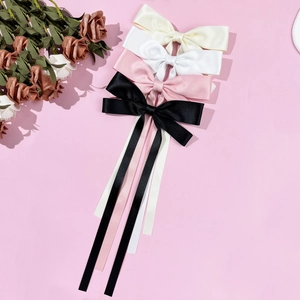 Elegant satin bow hair clips with long streamers in beige, white, pink and black set