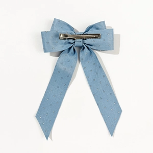 Barrette à nœud bleu denim scintillant avec pois argentés et longs rubans élégants