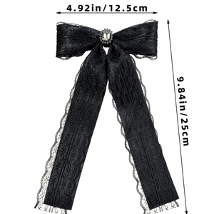 Detailed size guide for the black lace bow hair clip with crystal and long tassels