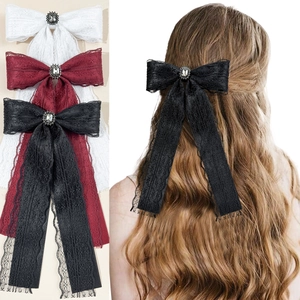 Dark Sweet Cool Lace Bow Hair Clip With Rhinestone Long Streamer French Vintage Goth Lolita Hair Accessory For Women