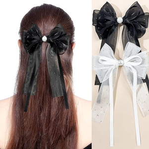 Koreanische Netz Schleife Haarklammer Mit Kunstperle Strass Band Lange Quaste Entenschnabelklemme Damen Haarschmuck