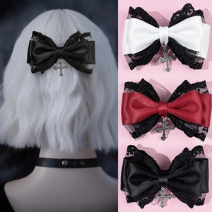 Gothic Lolita Bow Hair Clip With Lace Satin Ribbon Cross Pendant Dark Style Aesthetic Vintage Accessories For Women