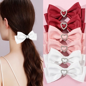 Süße Satin Schleife Haarspange Herz Strass Wellenkante Band Entenschnabel Clip Für Damen Mädchen Mode Haarschmuck