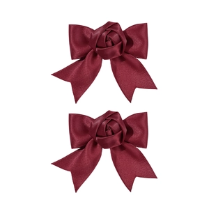 Pair of burgundy satin bow hair clips with handmade rose flowers and fishtail ribbons