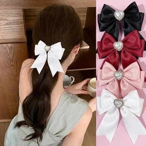Sweet Elegant Satin Bow Hair Clip With Heart Faux Artificial Pearl Rhinestone For Women Korean Style Daily Hair Accessories
