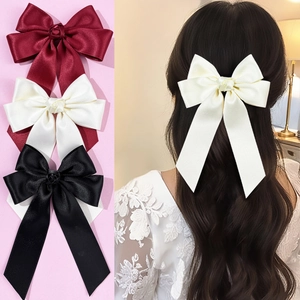 Barrette à Cheveux Élégante en Ruban de Satin avec Grand Nœud et Rose Doux Longs Rubans Pince Bec de Canard pour Femme