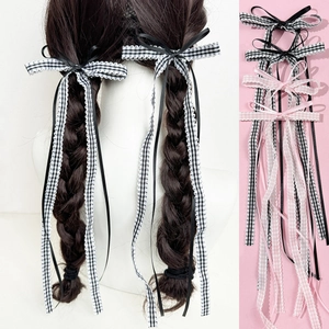 Checkered Bow Streamers Hair Clip Women Sweet Lace Ribbon Balletcore Plaid Bowknot Hair Pins Hair Accessories