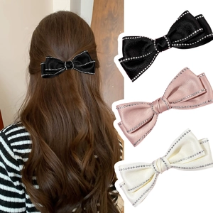 Barrette Nœud en Satin Élégante avec Strass Style Coréen Grande Pince à Bec de Canard Double Couche Accessoire Cheveux Femme Fête Mariage