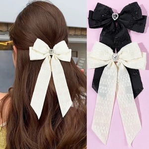 Elegant Fabric Bow Streamer Hair Clip With Heart Rhinestone French Vintage Long Tassel Hairpin Sweet Accessories For Women