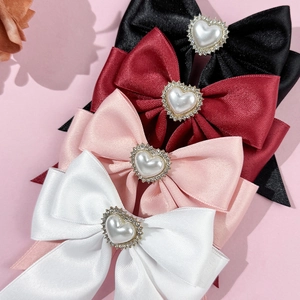 Elegant satin bow hair clips with heart pearls in black, burgundy, pink and white