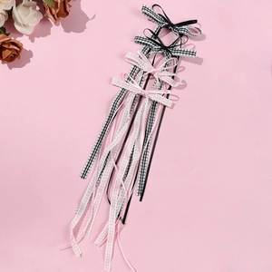 Plaid ribbon bow hair clips for women ballet style sweet long tassel hair accessories