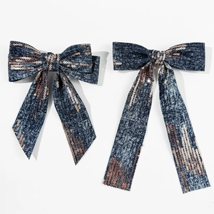 Blue denim bow hair clips with rose gold sequins and long streamers for women