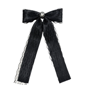 Gothic black lace bow hair clip with rhinestone center for elegant women's hair styling