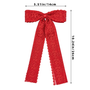 Detailed view of red lace bow hair clip with dimensions showing 14cm width and 26cm length