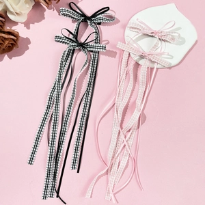 Plaid ribbon bow hair clips with lace trim for pigtails in pink and black patterns