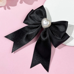 Sweet black satin bow hairclip with heart-shaped faux pearl and rhinestones for women