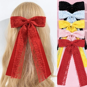 Large Lace Bow Hair Clip With Long Streamers Elegant Vintage Lolita Style Satin Hair Accessory For Women Party Jewelry