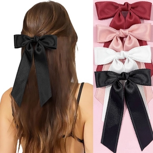 Élégante Pince à Cheveux Nœud en Ruban Satin Long Ruban Bord Festonné Style Français Couleur Unie Pince Bec de Canard
